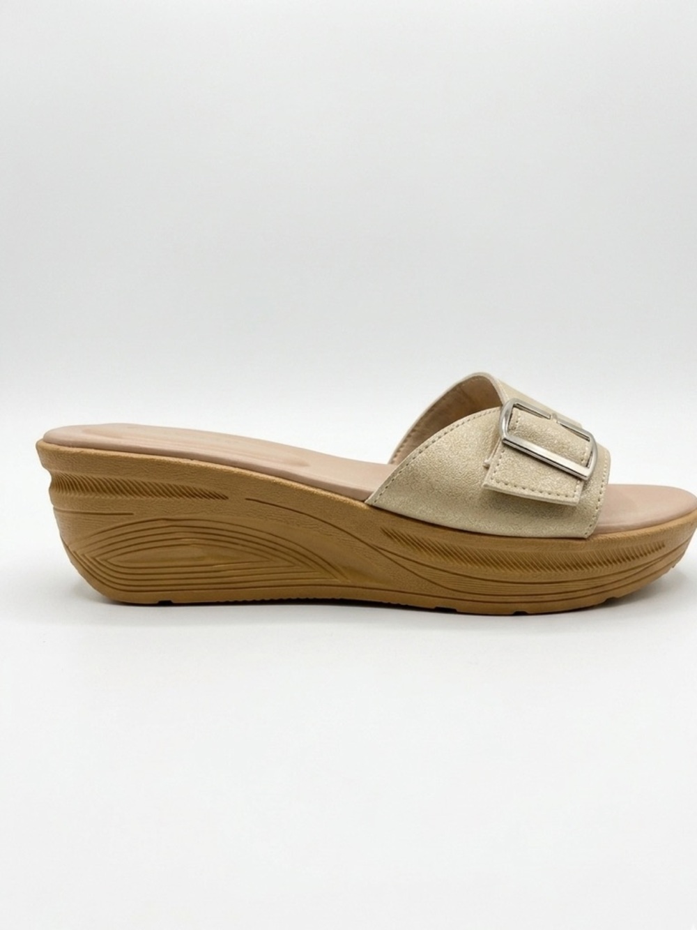 SOLD**Beige Buckle Wedge Slide Sandals